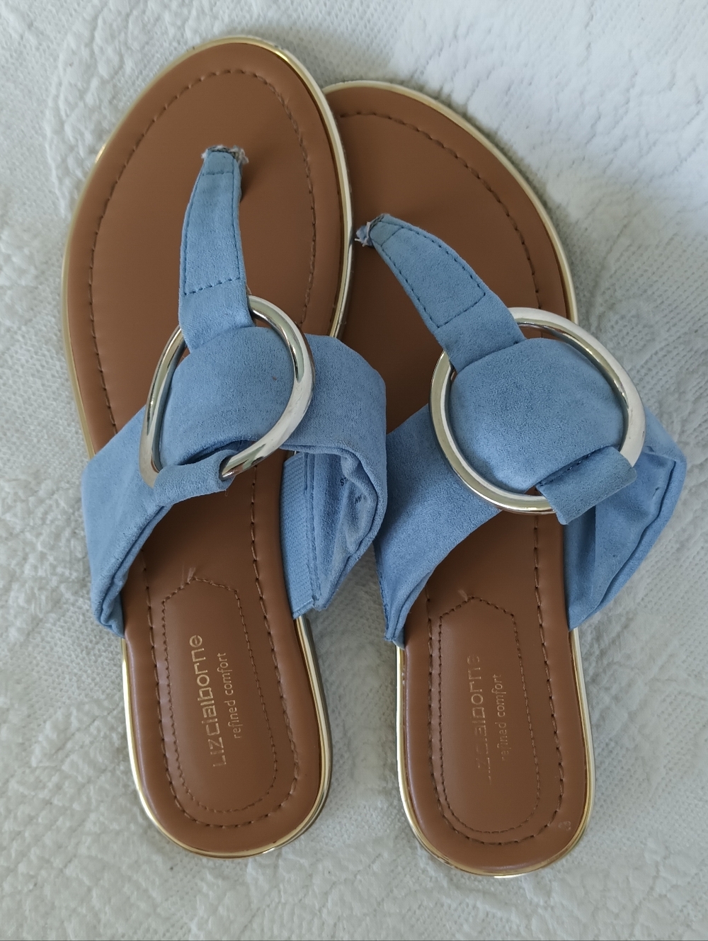 Liz Claiborne Powder Blue Suede Ring-Accent Thong Sandals Flats Casual Comfy 7M - Picture 7 of 13